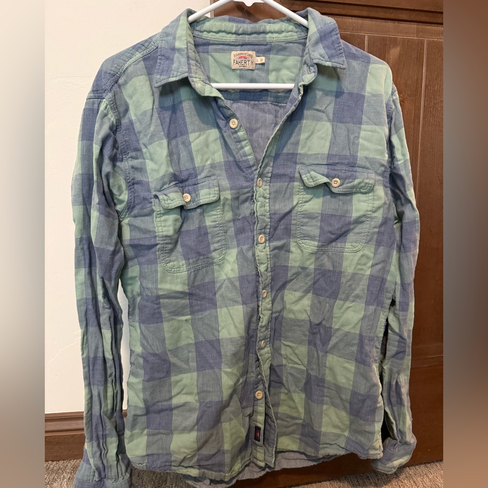 Faherty Brand Plaid Button Down Shirt Mens Large Blue Green 100% Cotton